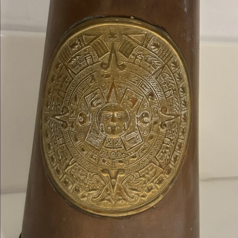 VINTAGE Hammered Copper & Brass Aztec Calendar Pitcher Vase